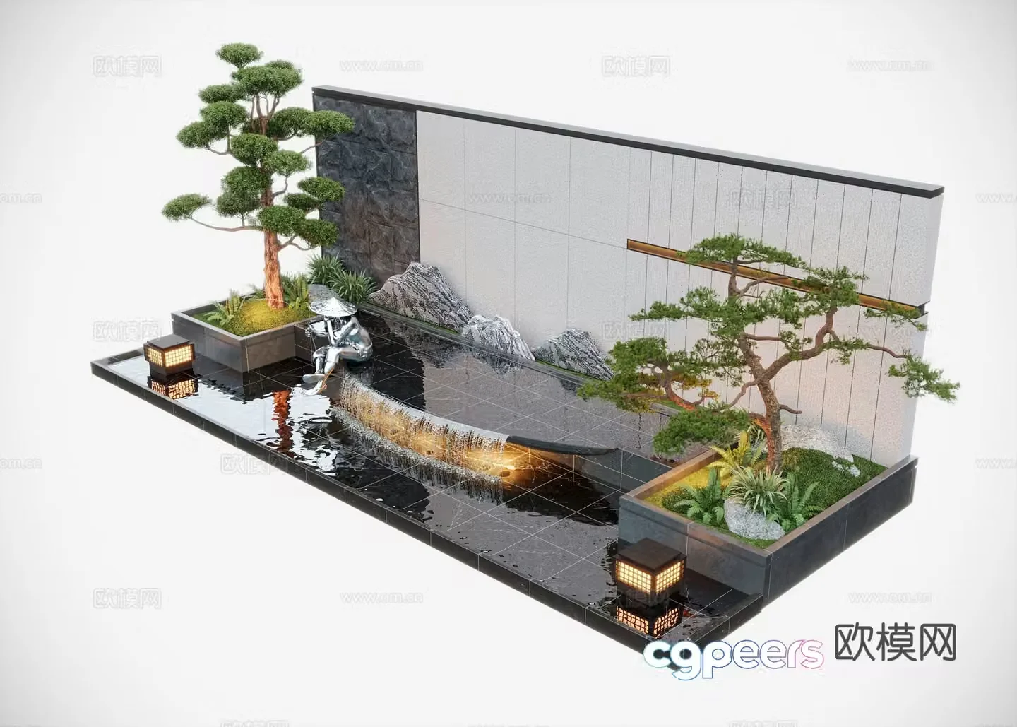 Modern courtyard water view wall Water views stacking water sketches 3D model