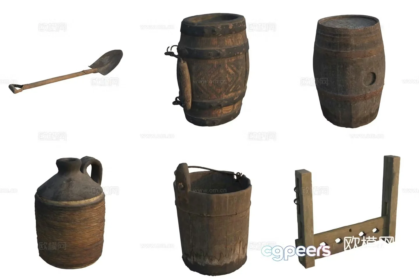 Ancient wooden barrel bucket shovel kettle wine pot 3d model