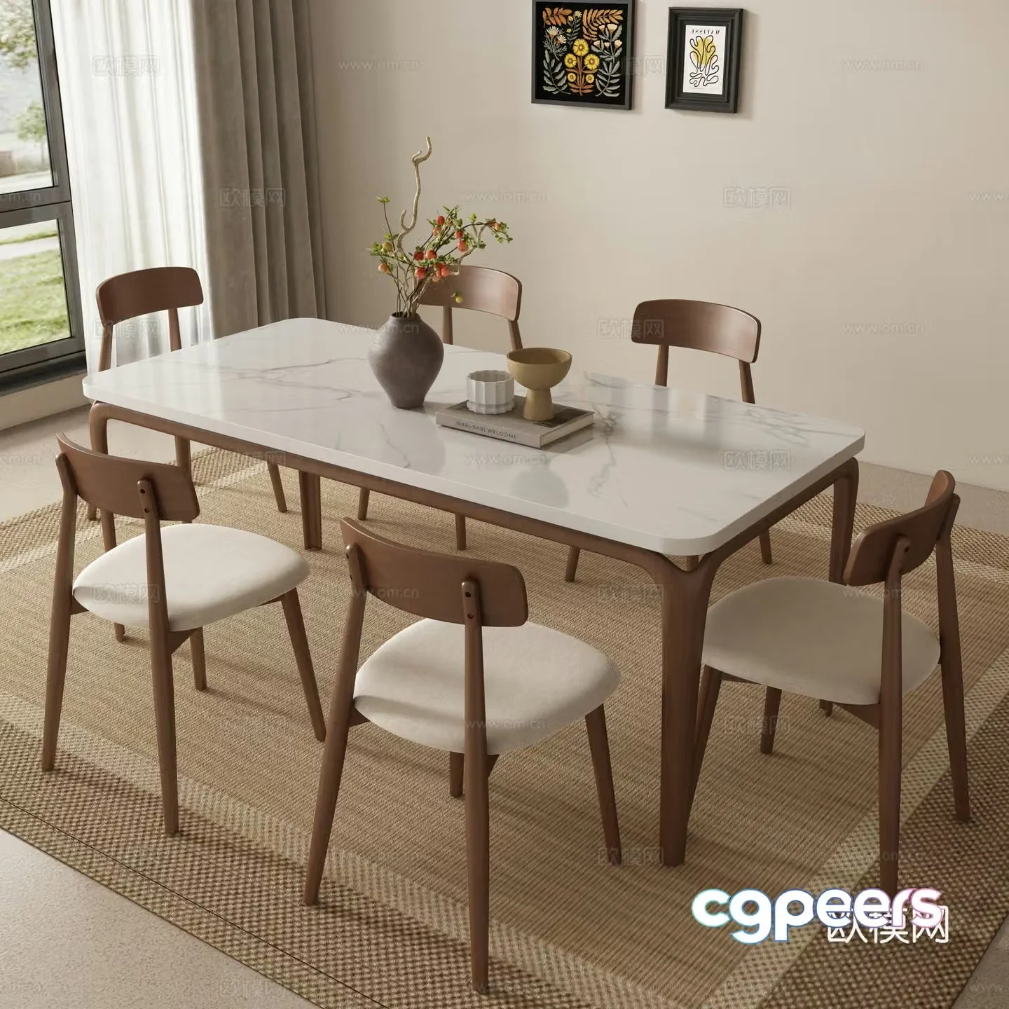 Medieval style dining table and chairs marble dining table 3d model
