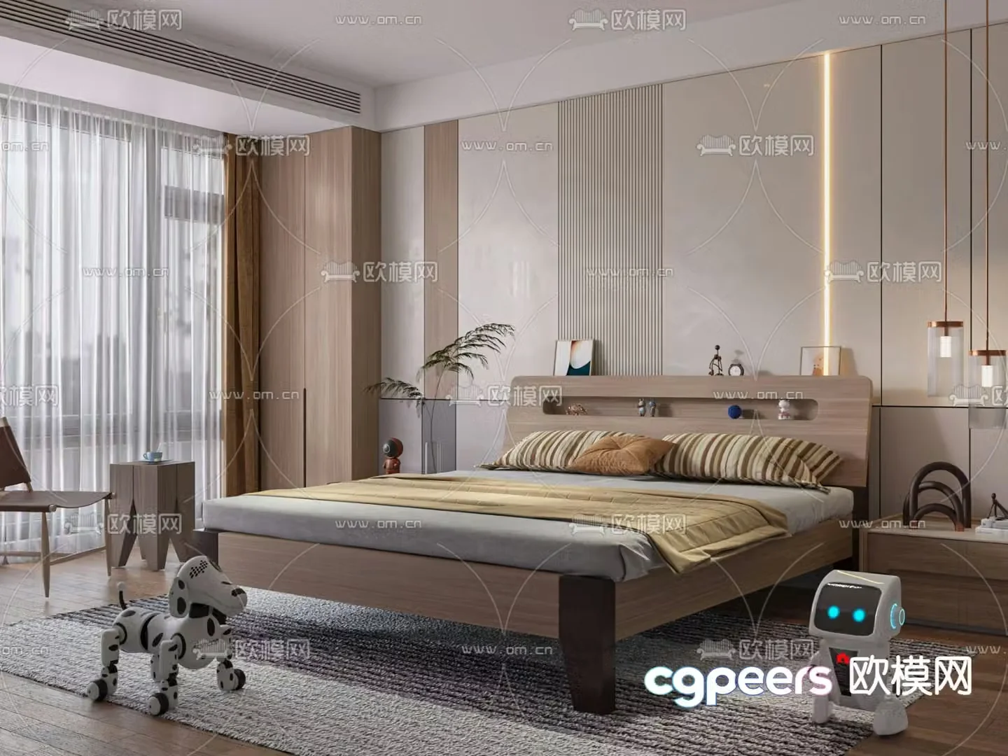 Solid wood double bed 3d model