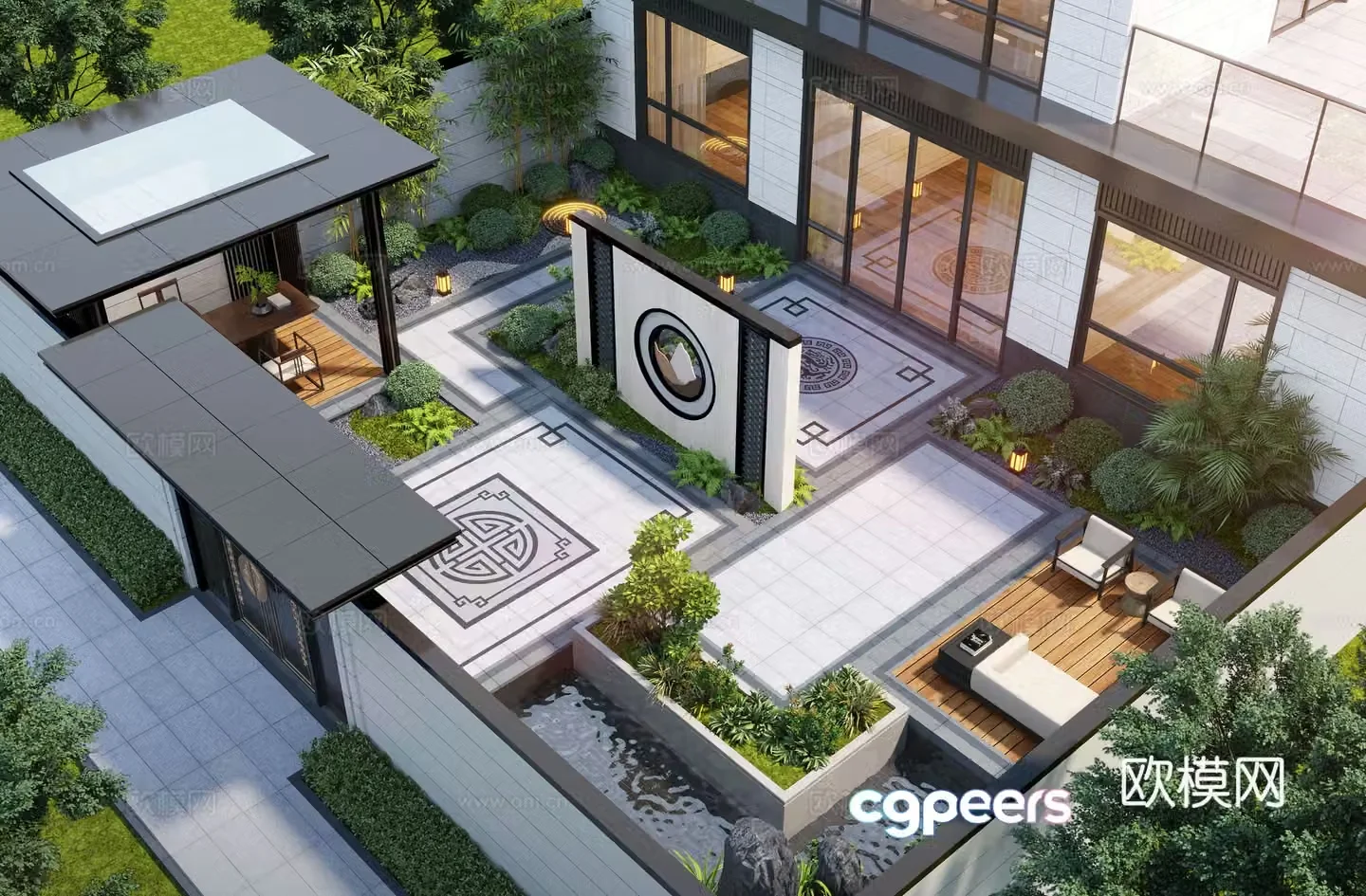 New Chinese style courtyard landscape family courtyard landscape sketch pavilion rockery waterscape landscape wall 3D model