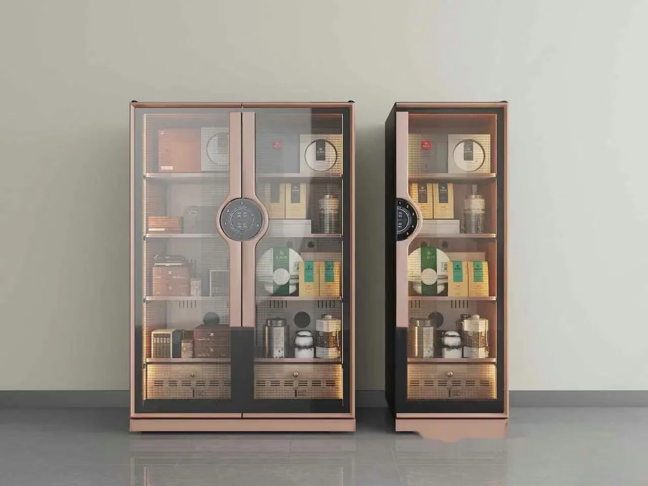 Two Large Cabinets With Glass Doors And Various Items Inside 3D Model – 8549 – VRAY Render