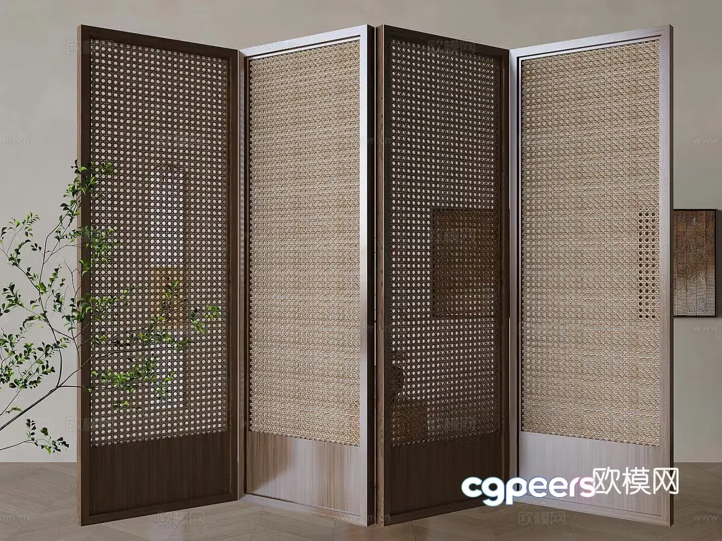 Wabi-sabi rattan folding screen 3D model