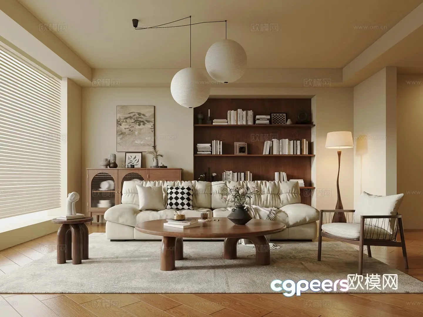 Wasabi Middle Style Home Living Room Small Living Room Fabric Sofa Tea Table Combination Solid Wood Coffee Table 3D Model