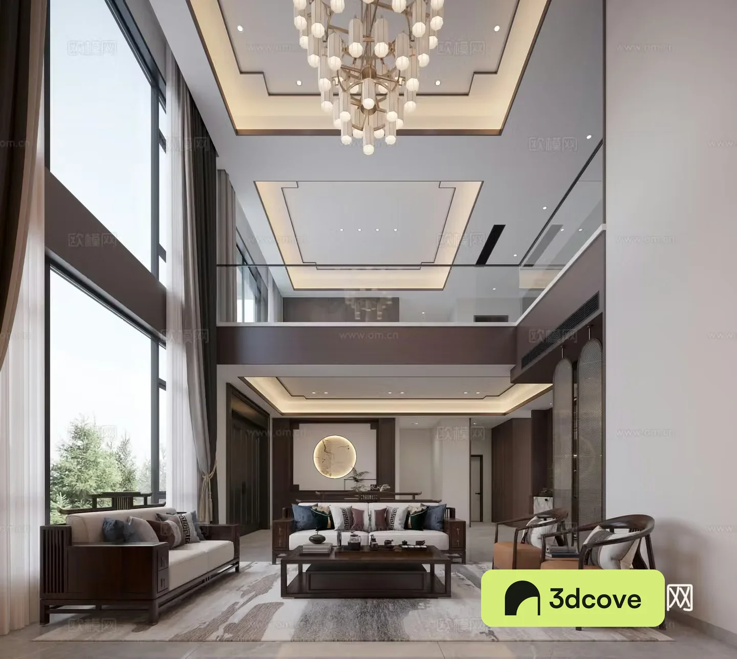 New Chinese style empty living room Chinese style villa living room New Chinese style villa entrance
