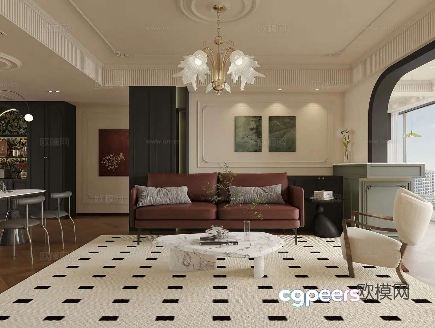French retro living and dining room 3d model