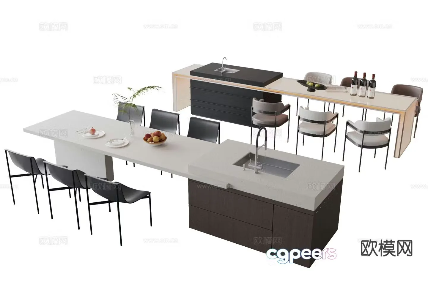 Modern island table water bar dining table and chairs 3D model