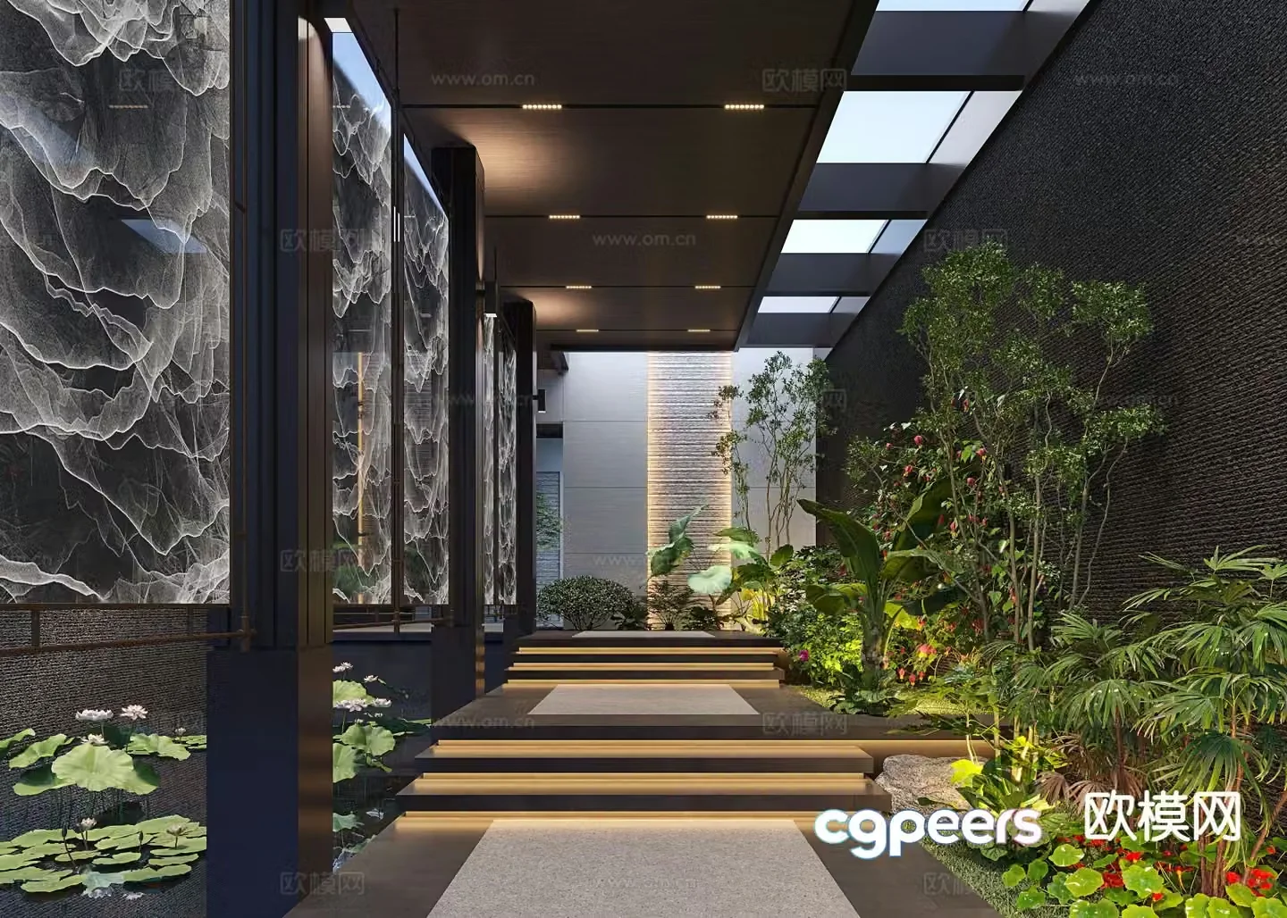 Modern courtyard water feature indoor landscape 3d model