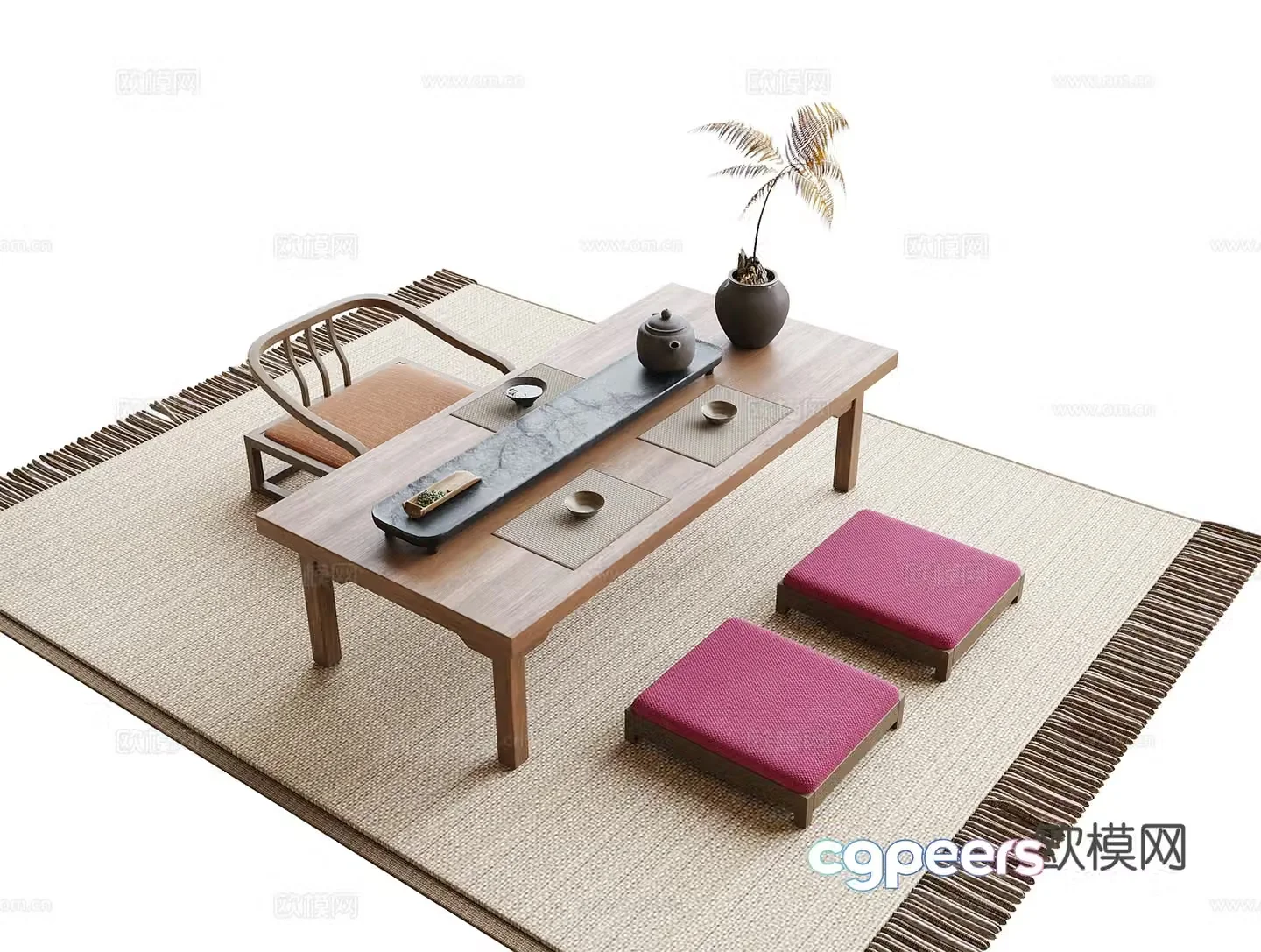 Modern tatami tea table and chairs Tea table and tea set Tea chair 3d model