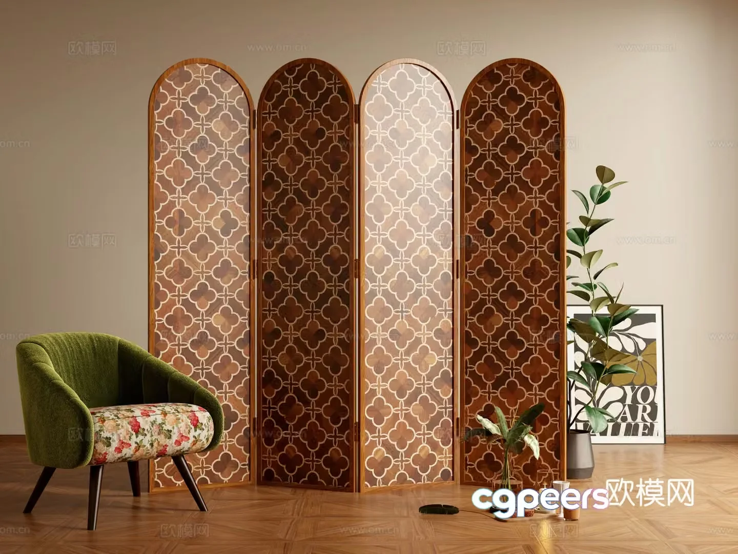 American retro style screen partition casual sofa 3d model