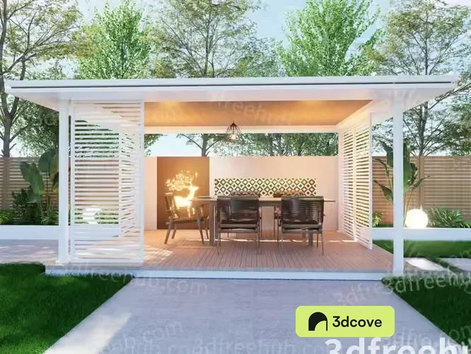 A White Pergola With A Dining Table