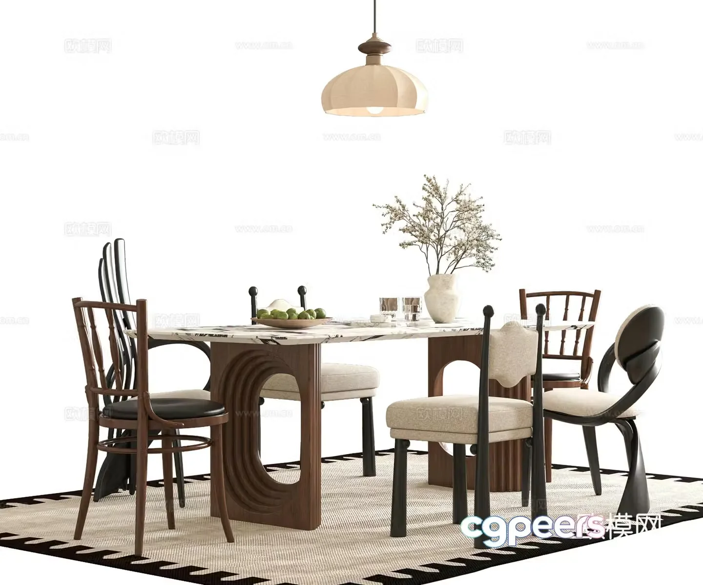 Medium style dining table and chair 3D model