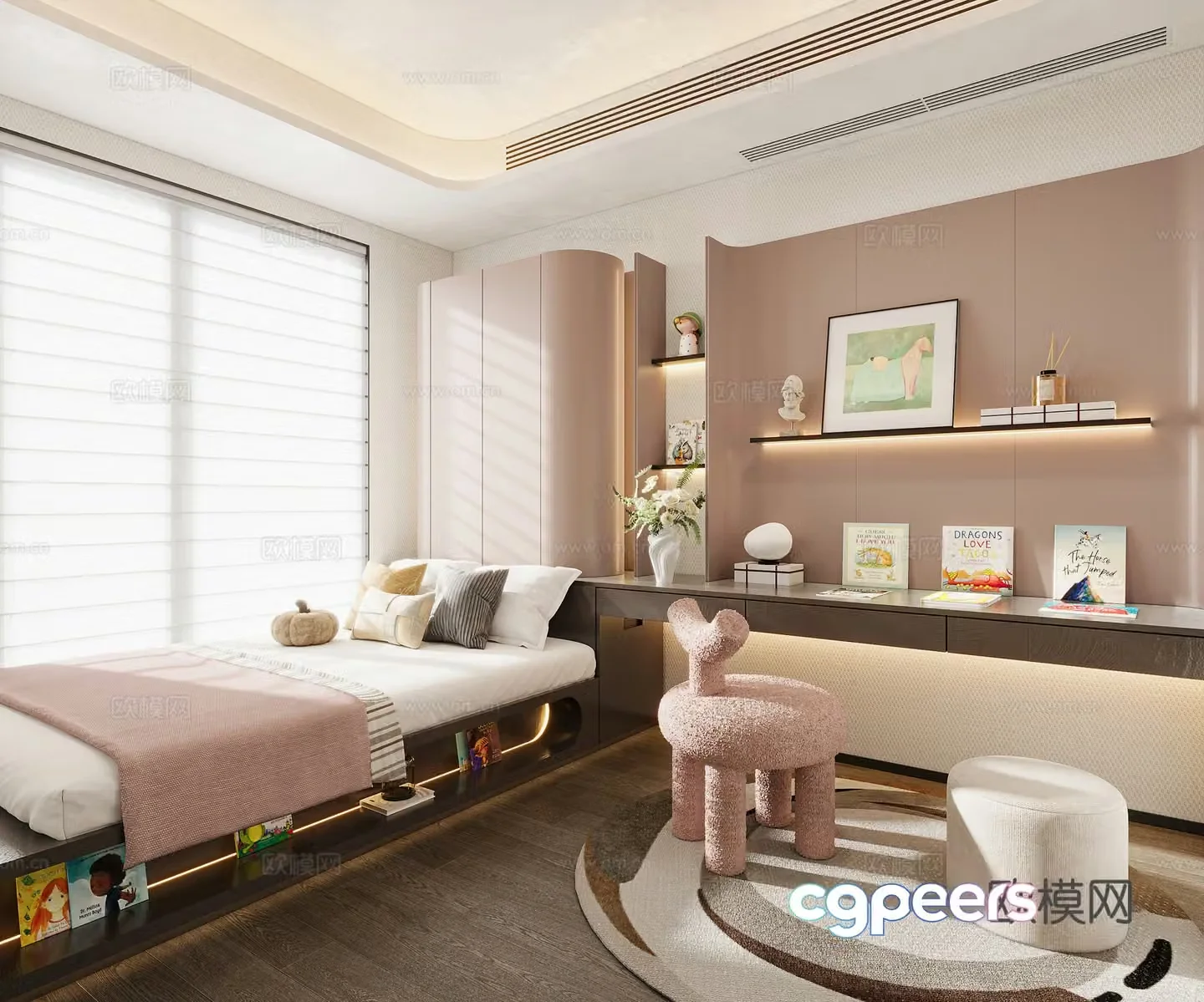 Girls’ room Children’s room Ornaments Hanging paintings Children’s books Single chair Bed Pillow Wardrobe 3d model