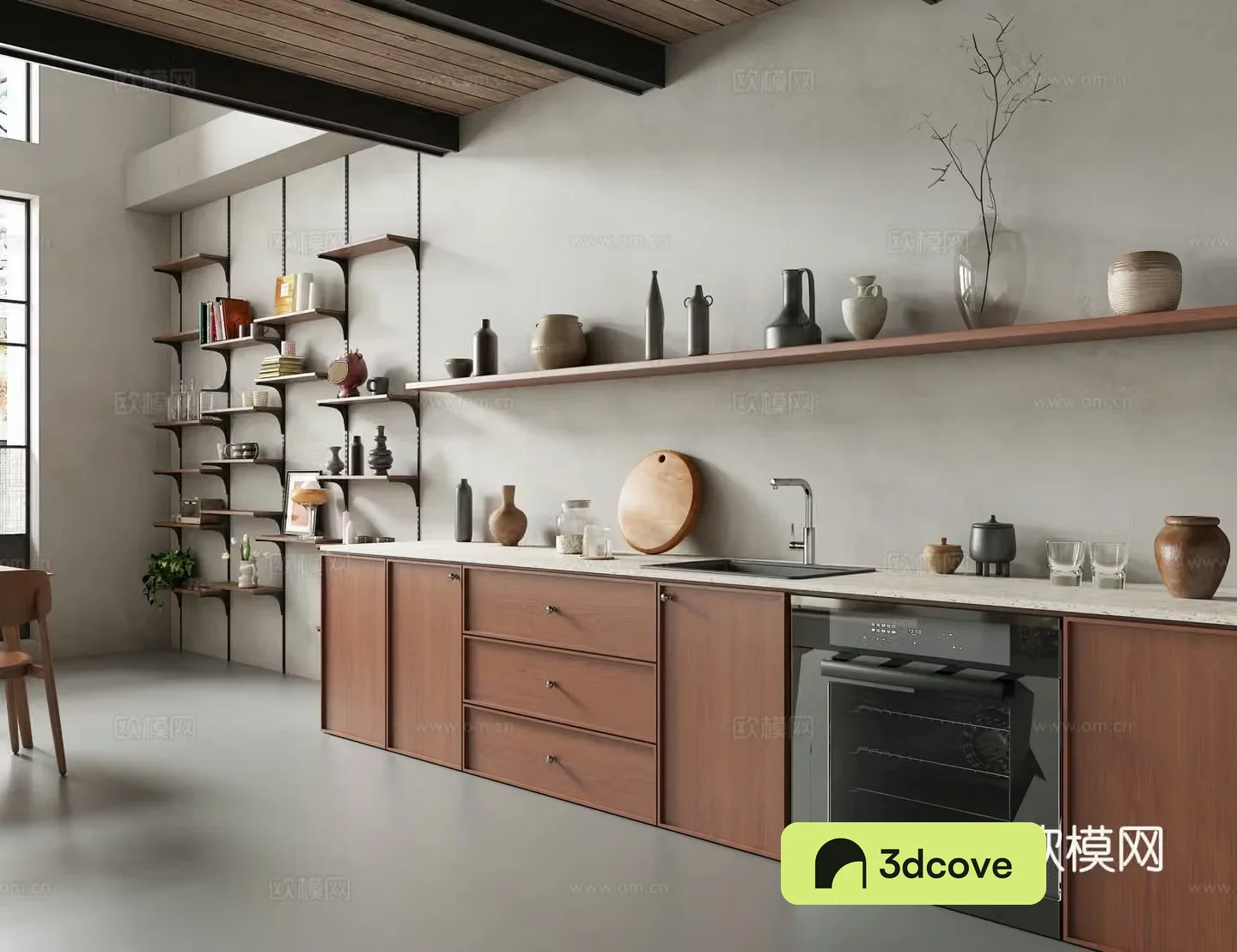 Middle-aged open kitchen Dining kitchen Semi-open kitchen Cabinet Kitchen supplies 3D model