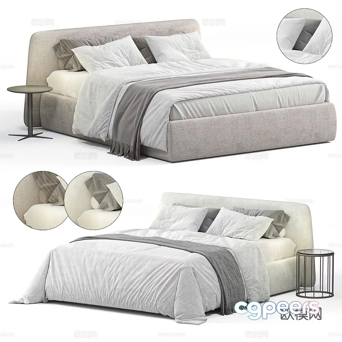 Modern cream style fabric double bed 3d model