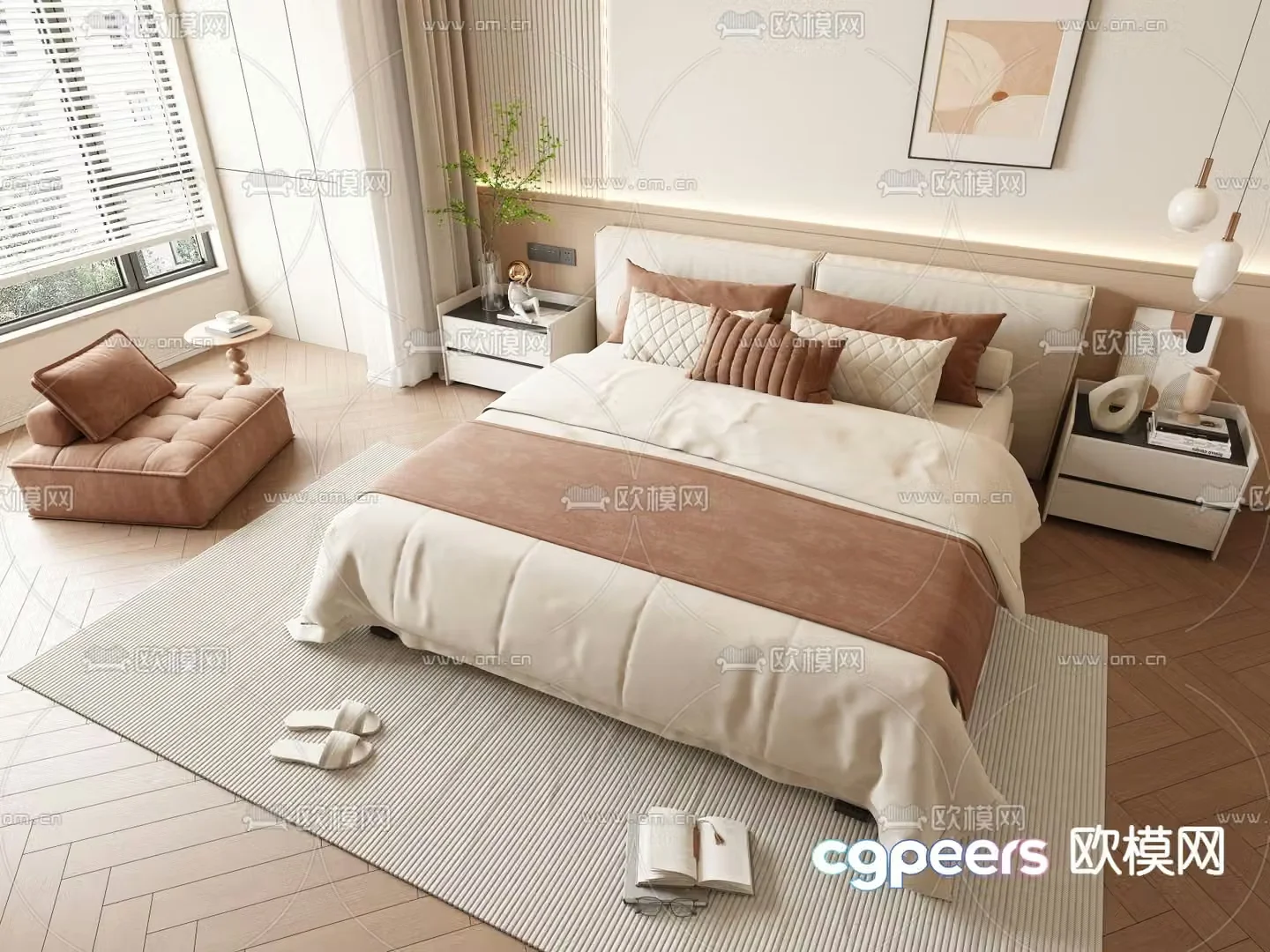 Cream style double bed 3d model