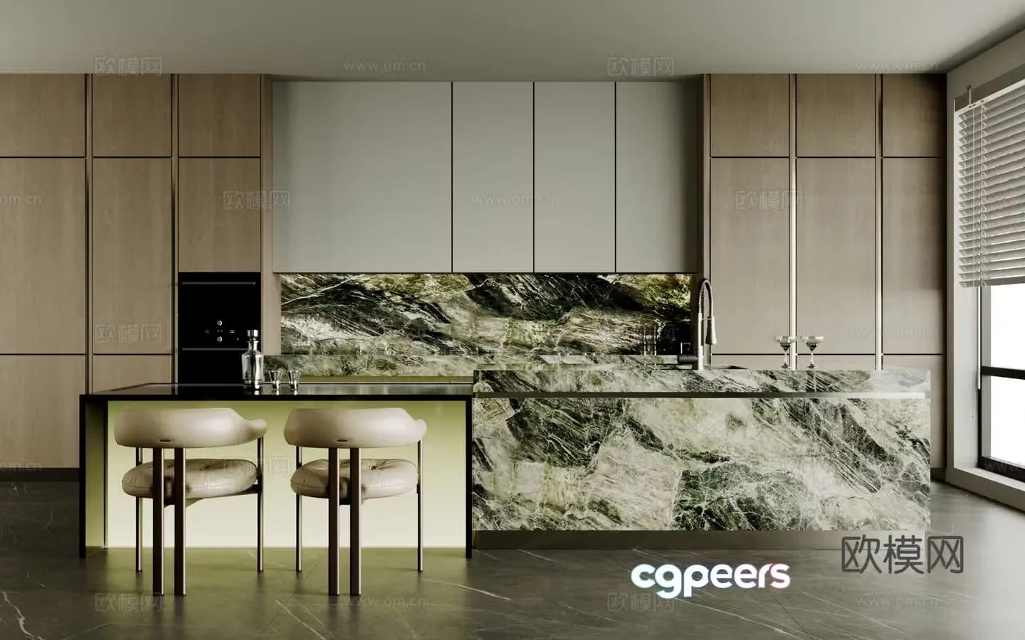 Modern open kitchen dining room island water bar marble dining table single chair cabinet 3d model