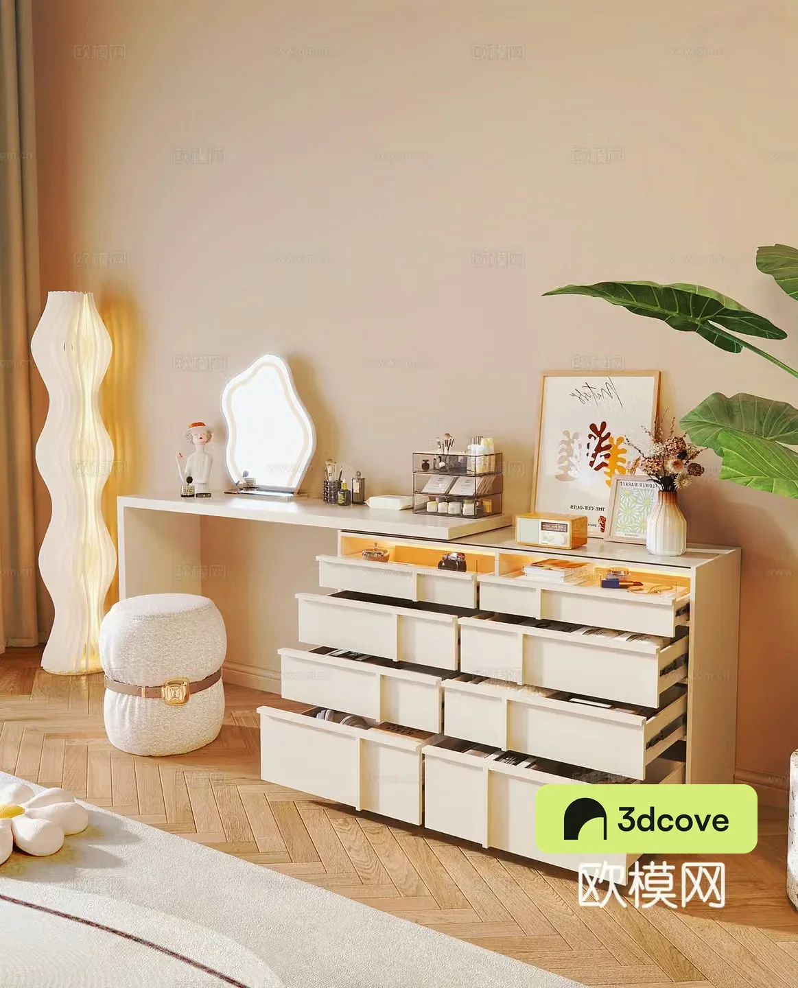 Modern cream dressing table cream style makeup cabinet makeup stool cosmetics combination cream style floor
