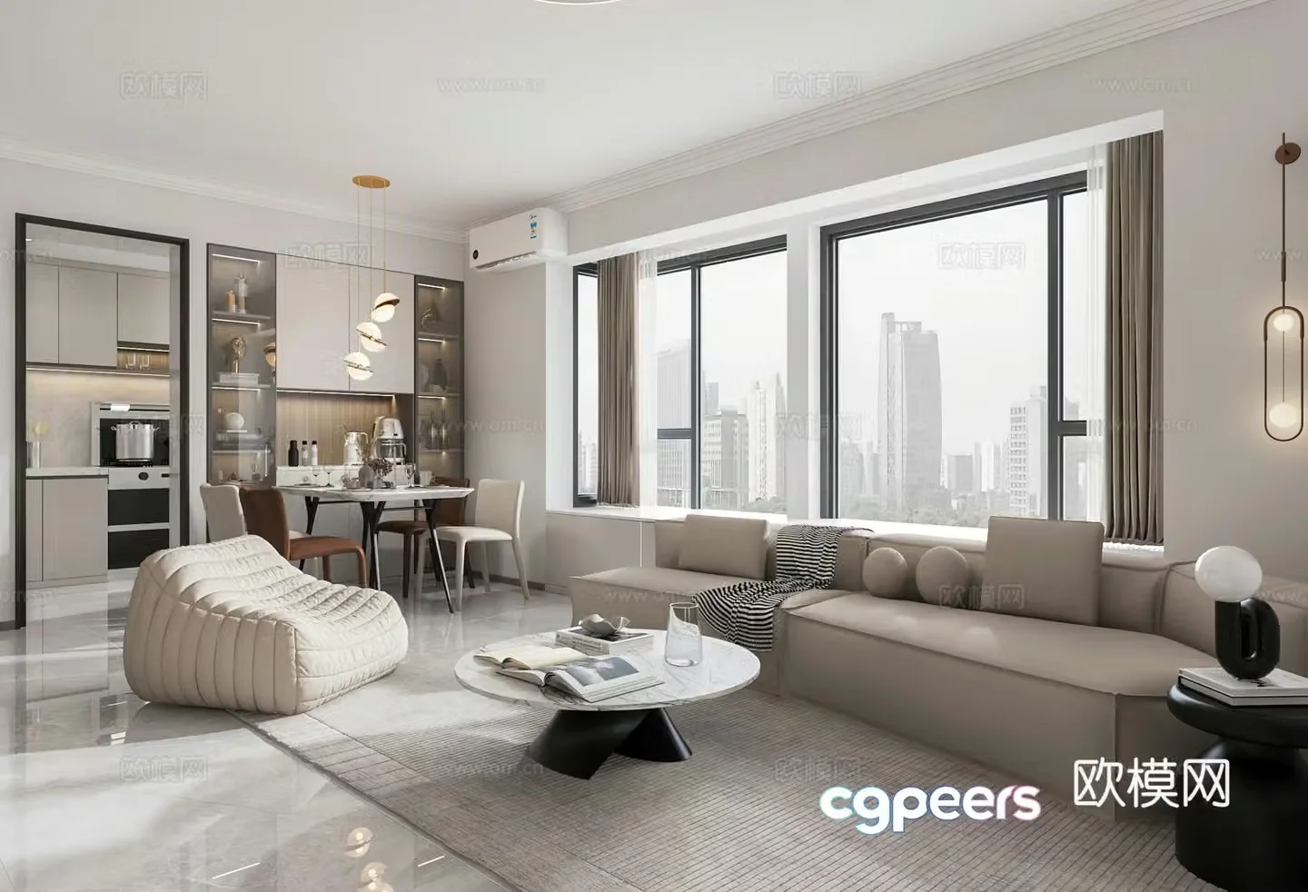Modern living and dining room small apartment 3d model