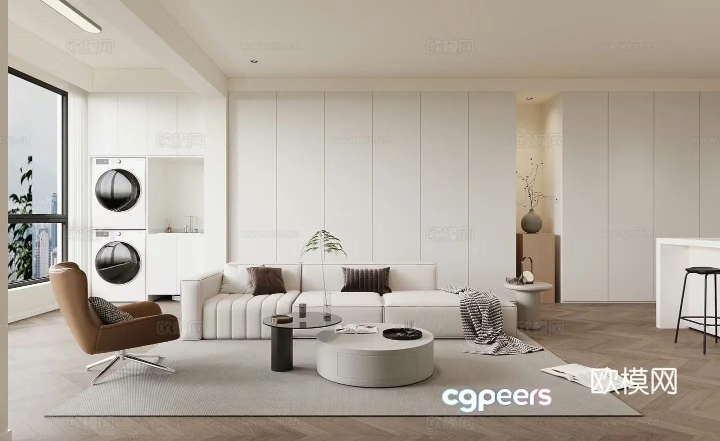 Modern minimalist living dining room open kitchen 3d model