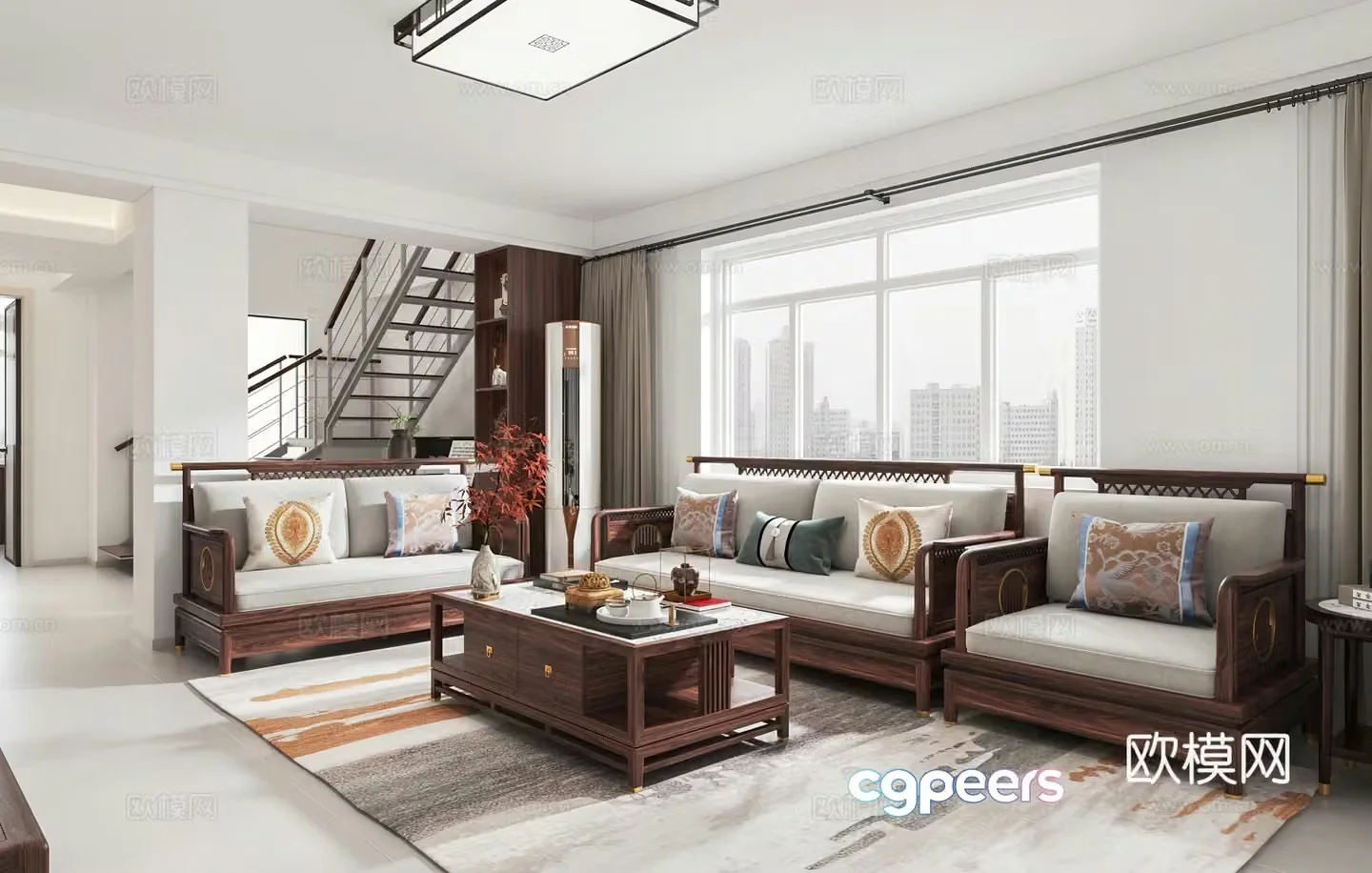 New Chinese style living and dining room open kitchen stairs wine cabinet 3d model