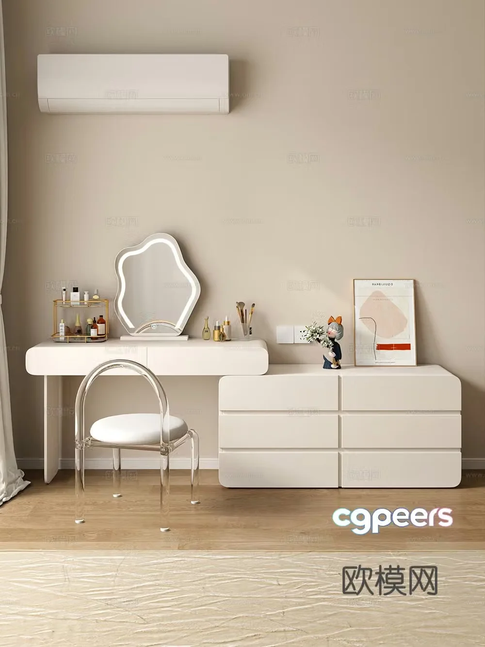Cream style dressing table makeup stool combination dressing table makeup stool mirror decoration hanging painting 3D model