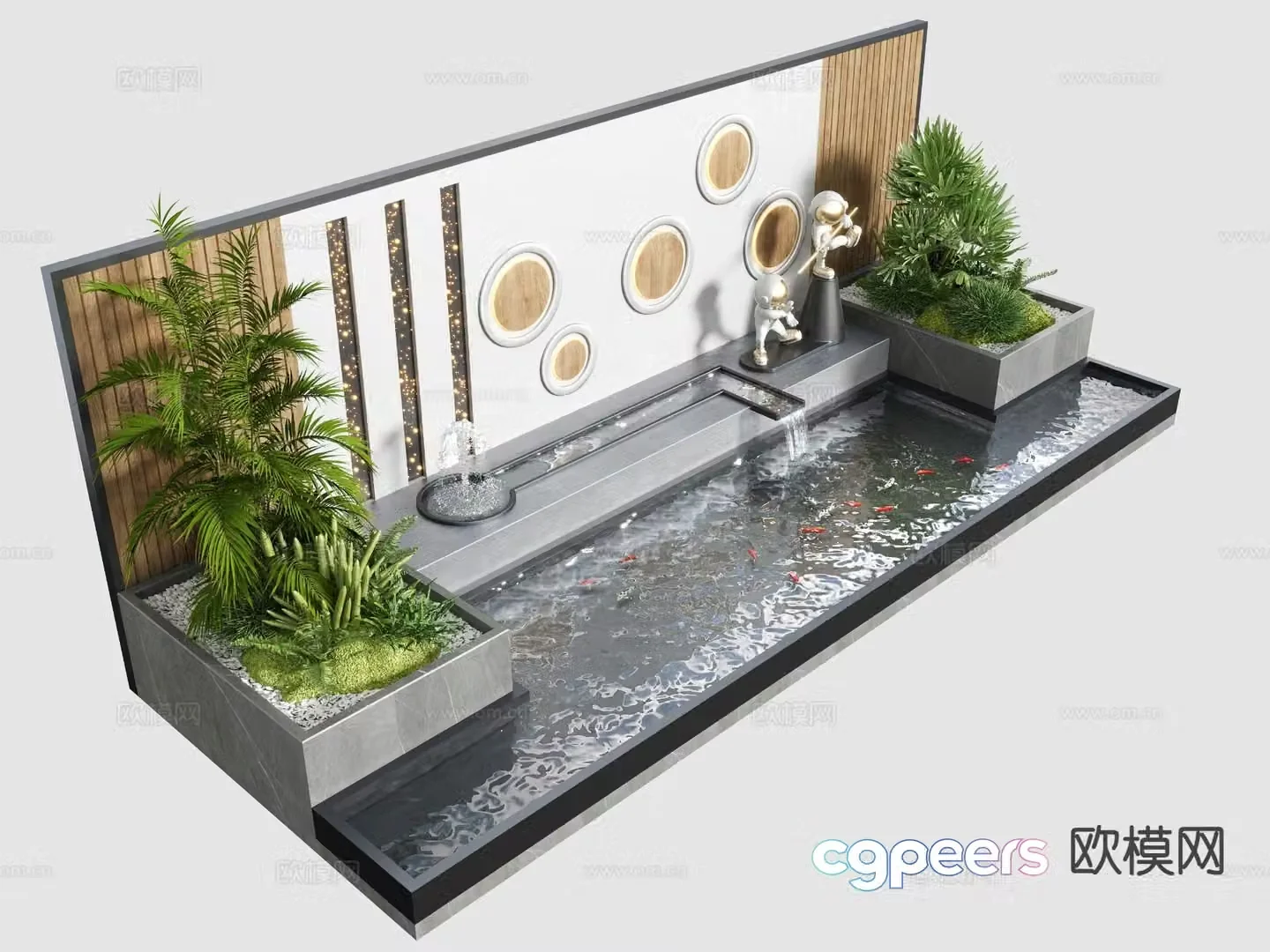 Courtyard fish pond water feature wall fountain 3d model