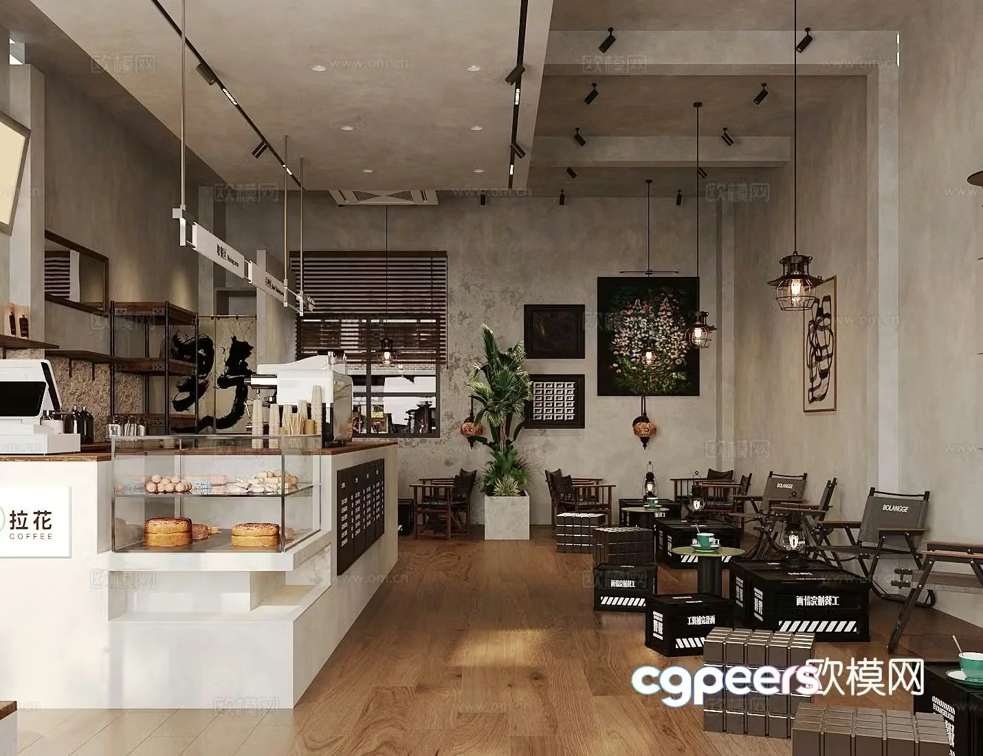 Industrial style coffee shop 3d model