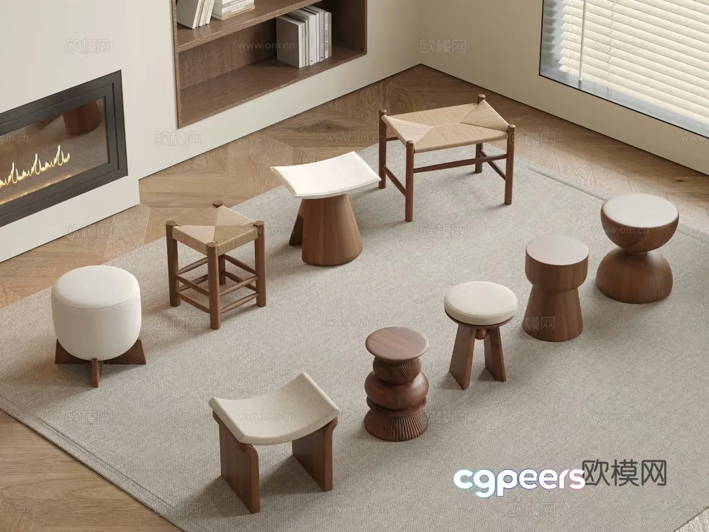Middle-aged style stool round stool sofa stool shoe change stool wooden stool 3d model