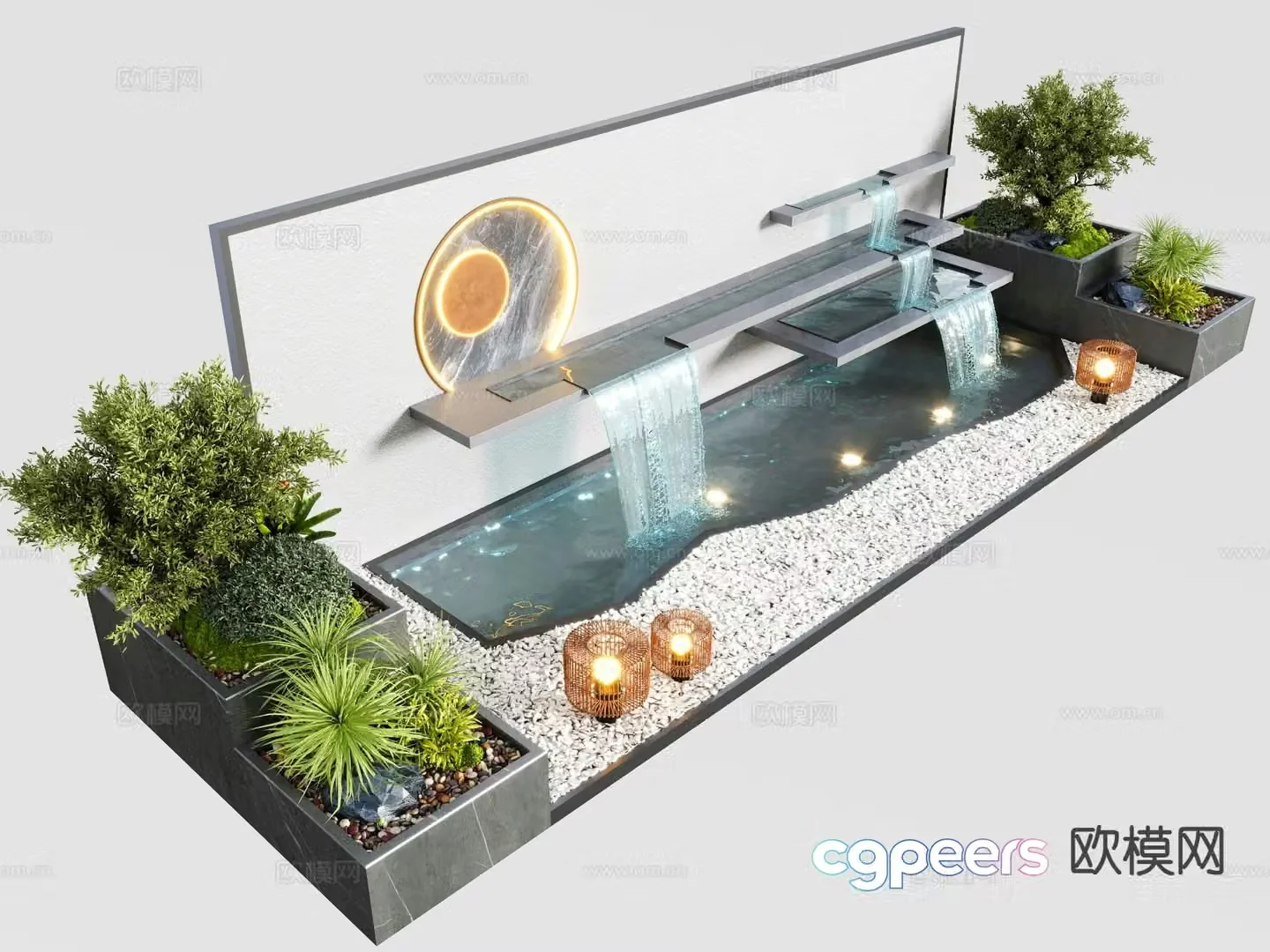 Courtyard fish pond water feature wall falling water landscape 3D model