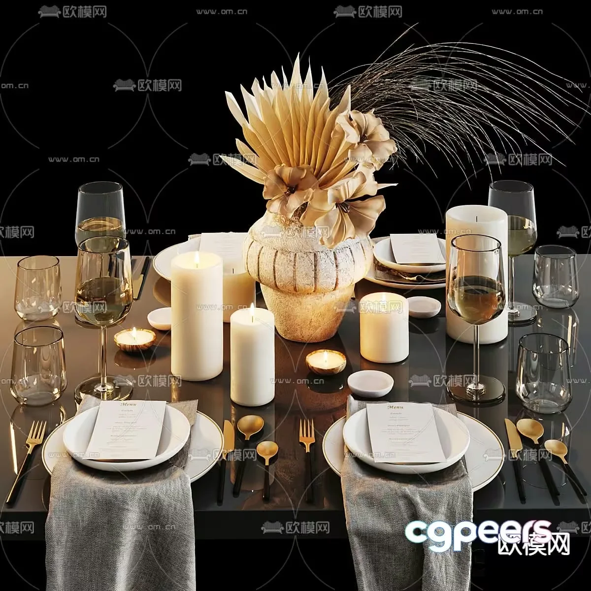 A Table Setting With Candles And A Vase 3D Model – 3756 – VRAY Render