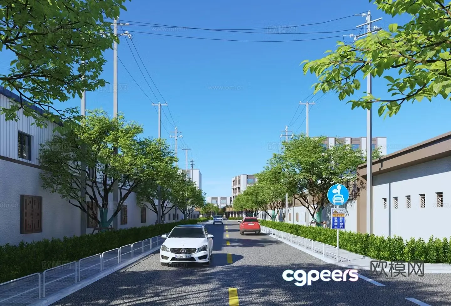 3D model of new Chinese-style commercial buildings along the street