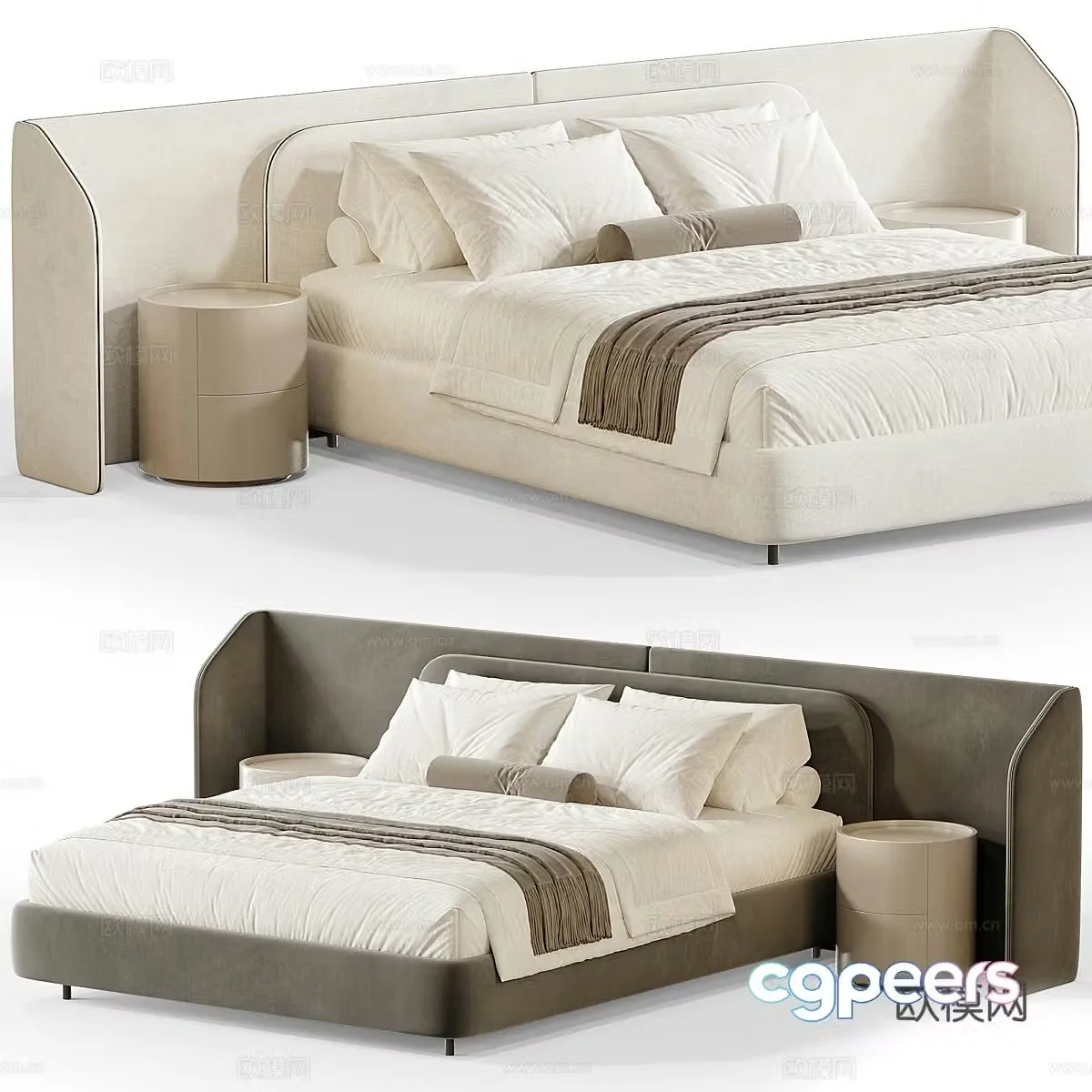 Modern Italian cream style fabric double bed 3d model