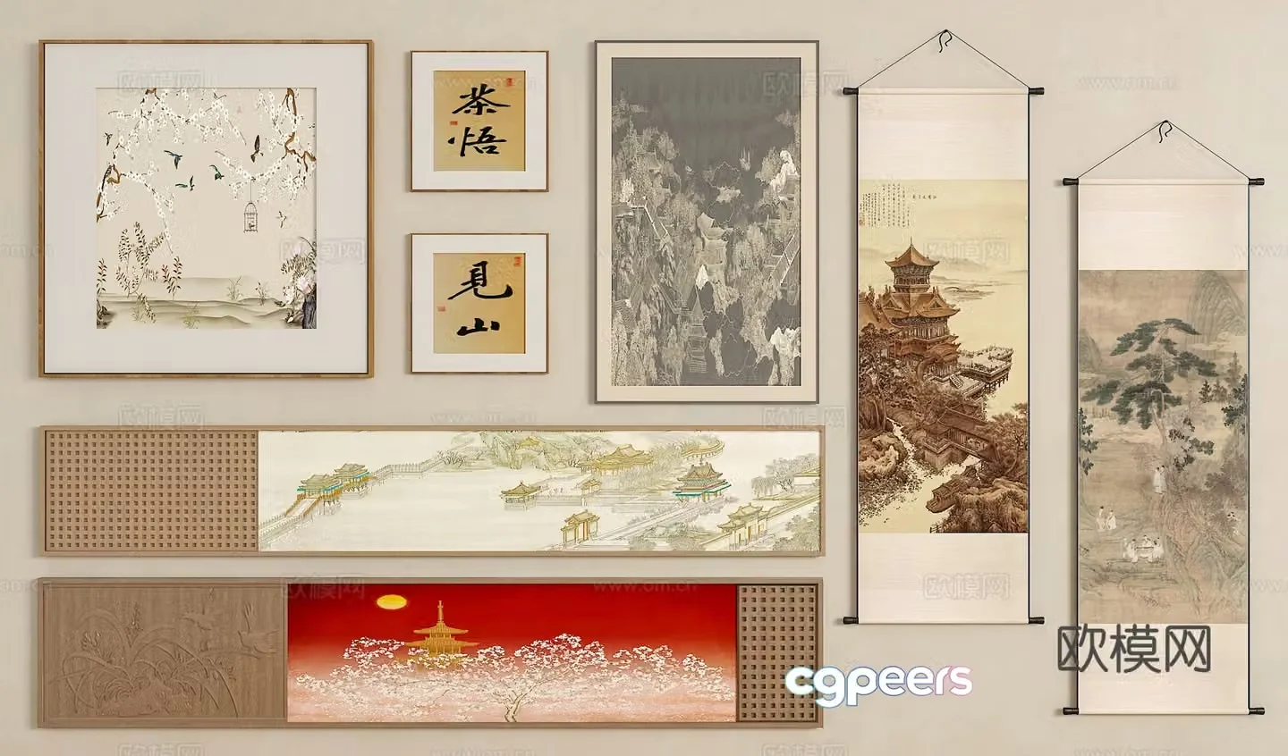 New Chinese style hanging paintings Song’s medieval style hanging paintings Long strip hanging paintings Horizontal hanging paintings Hanging painting combination 3D model