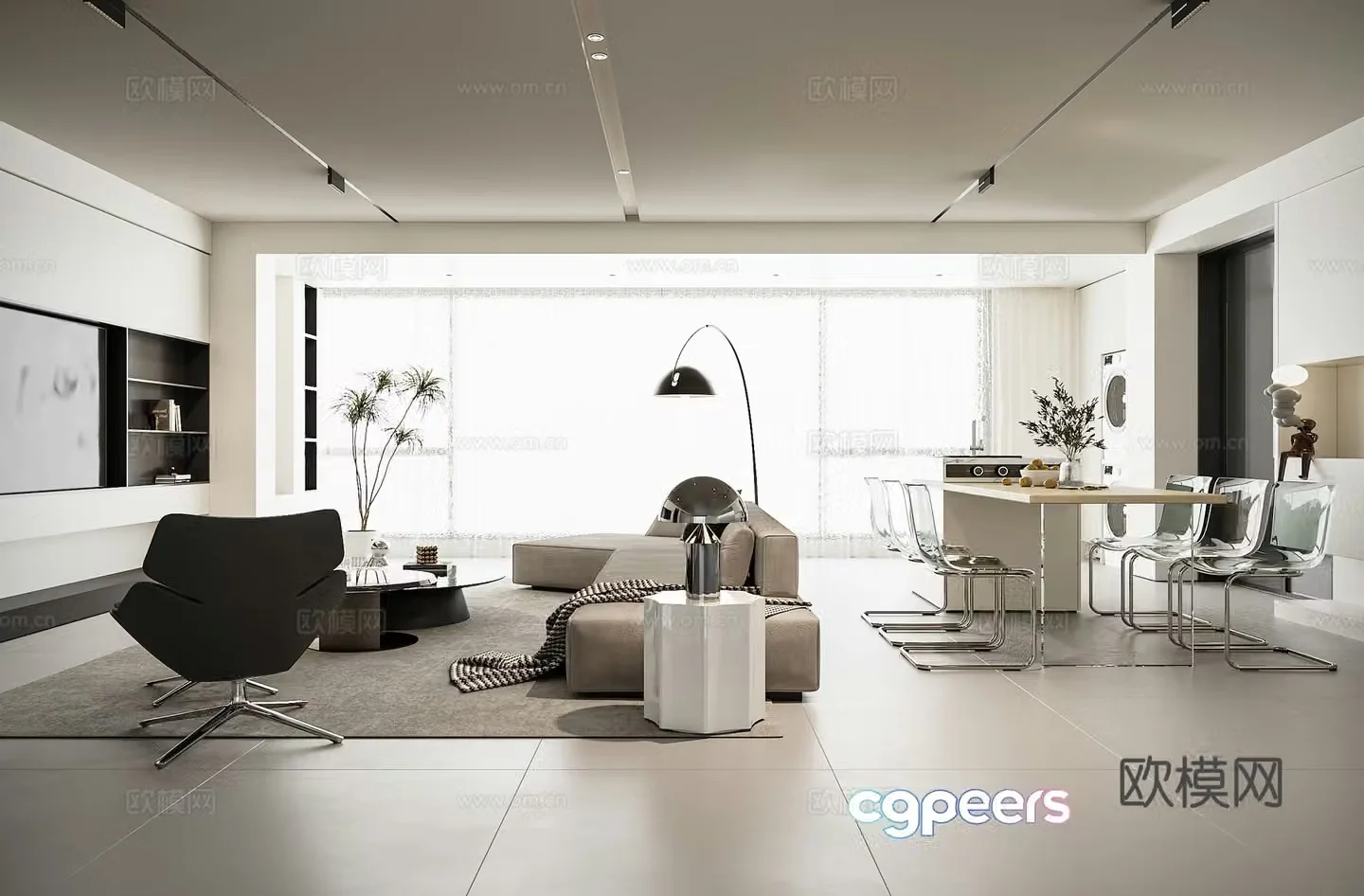 Modern minimalist horizontal living and dining room 3D model
