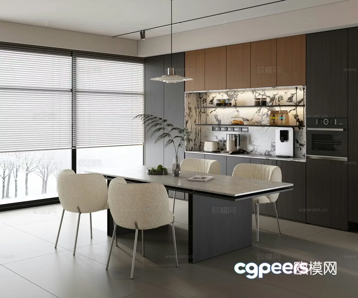 Modern minimalist restaurant Open restaurant Modern minimalist restaurant Strip dining table and chair 3D model