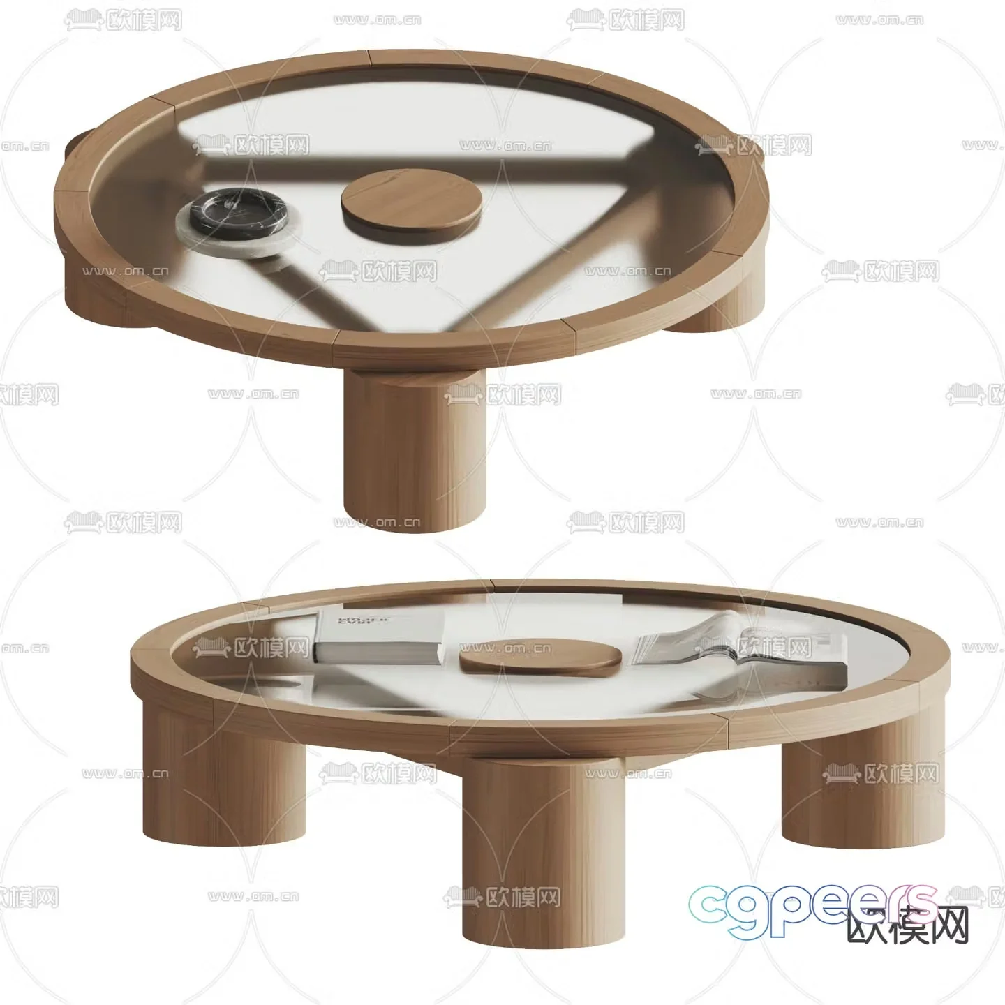 Solid wood round coffee table glass coffee table 3d model