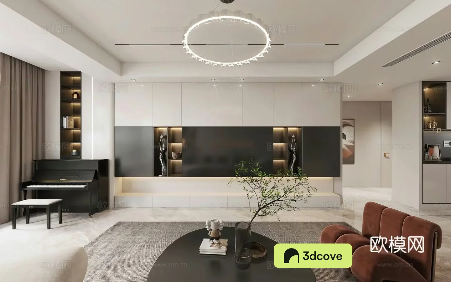 Modern TV background wall TV cabinet piano study light luxury modern living room living dining room