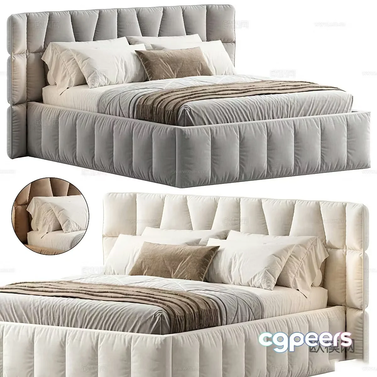 Modern Cream Style Diamond Bed 3D Model