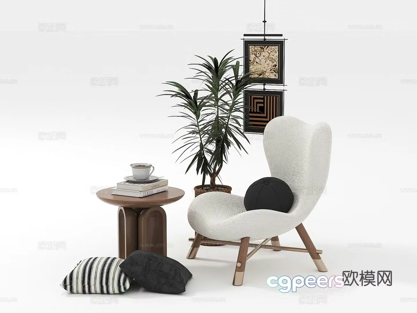 Medieval style leisure chair side table hanging painting potted plant 3D model