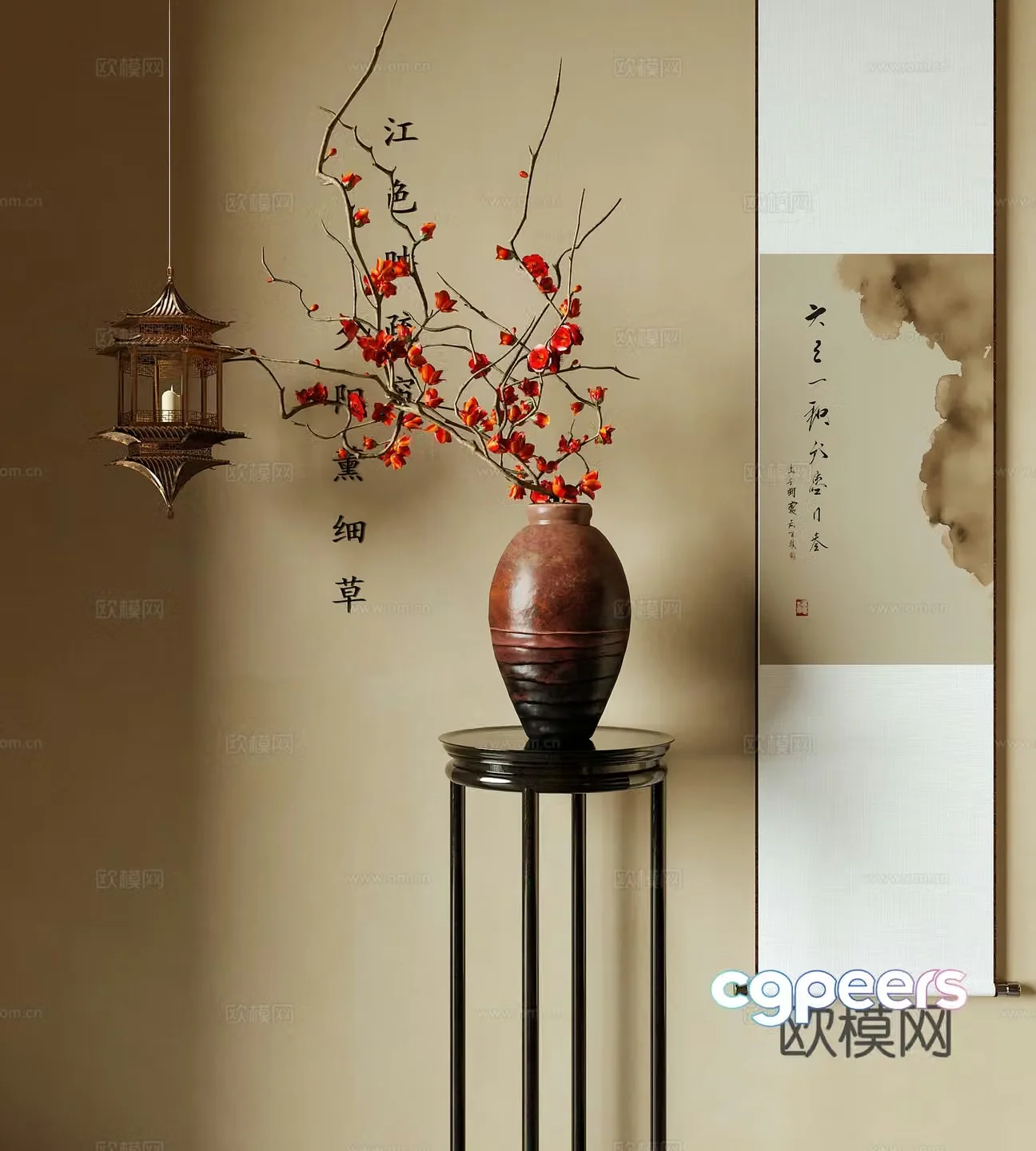 New Chinese style vase flower art flower arrangement painting chandelier 3D model