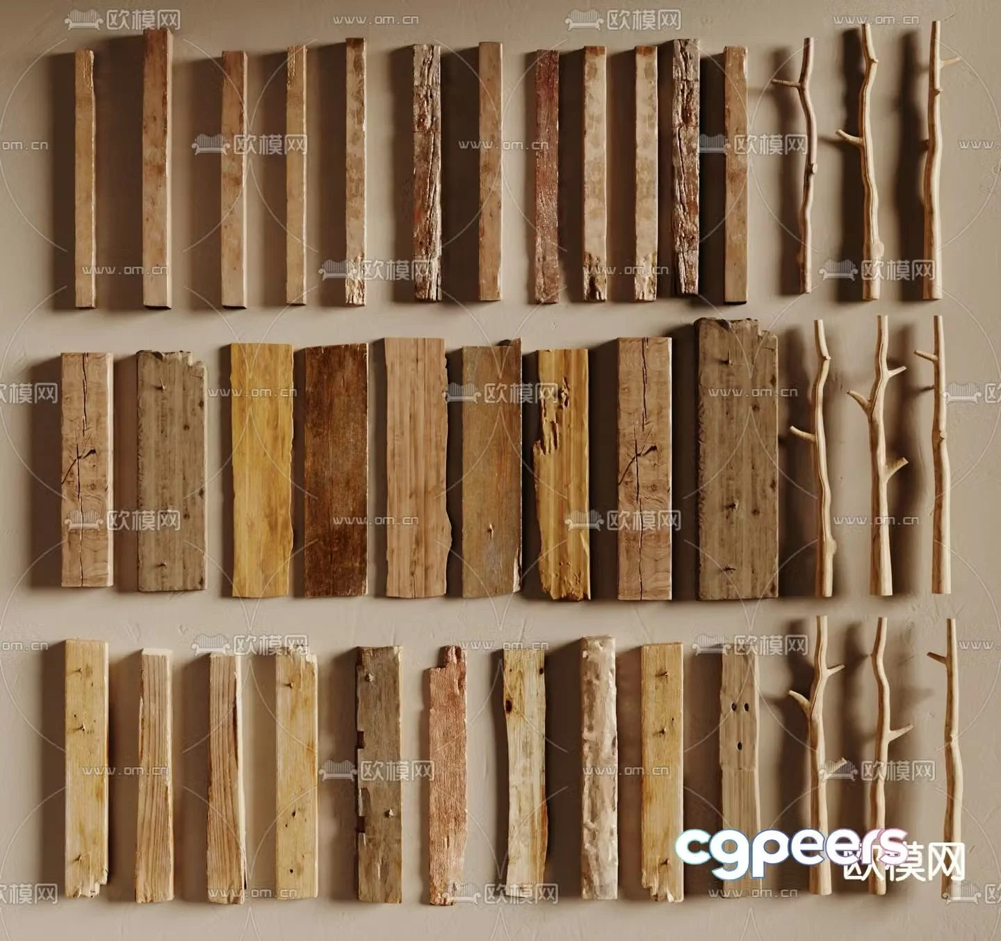 New Chinese style old wooden planks old wood wooden strips tree branches 3D model