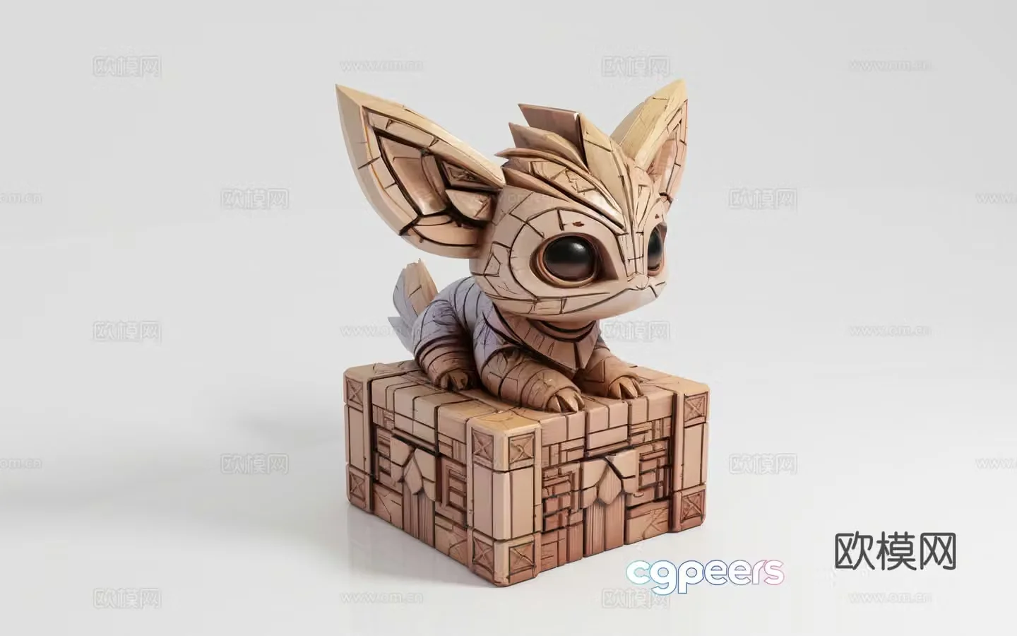 Big eared cat fox nar divine beast sacrifice wood carving stone sculpture Maya culture mecha 3d model