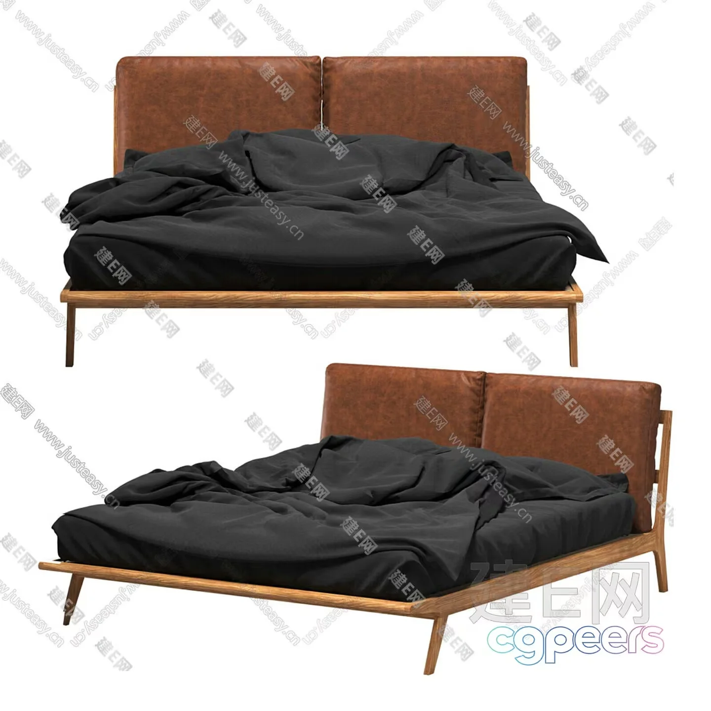 A Bed With A Brown Leather Headboard And A Black Comforter 3D Model – 3736 – VRAY Render