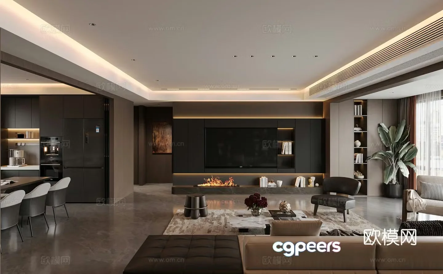 Italian large flat floor living and dining room 3D model