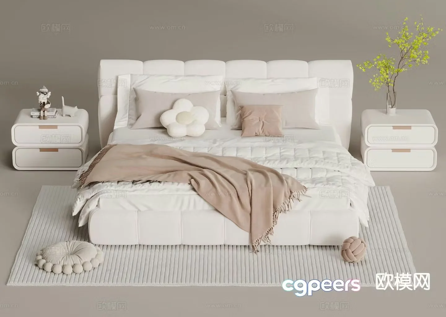 Cream style double bed 3d model