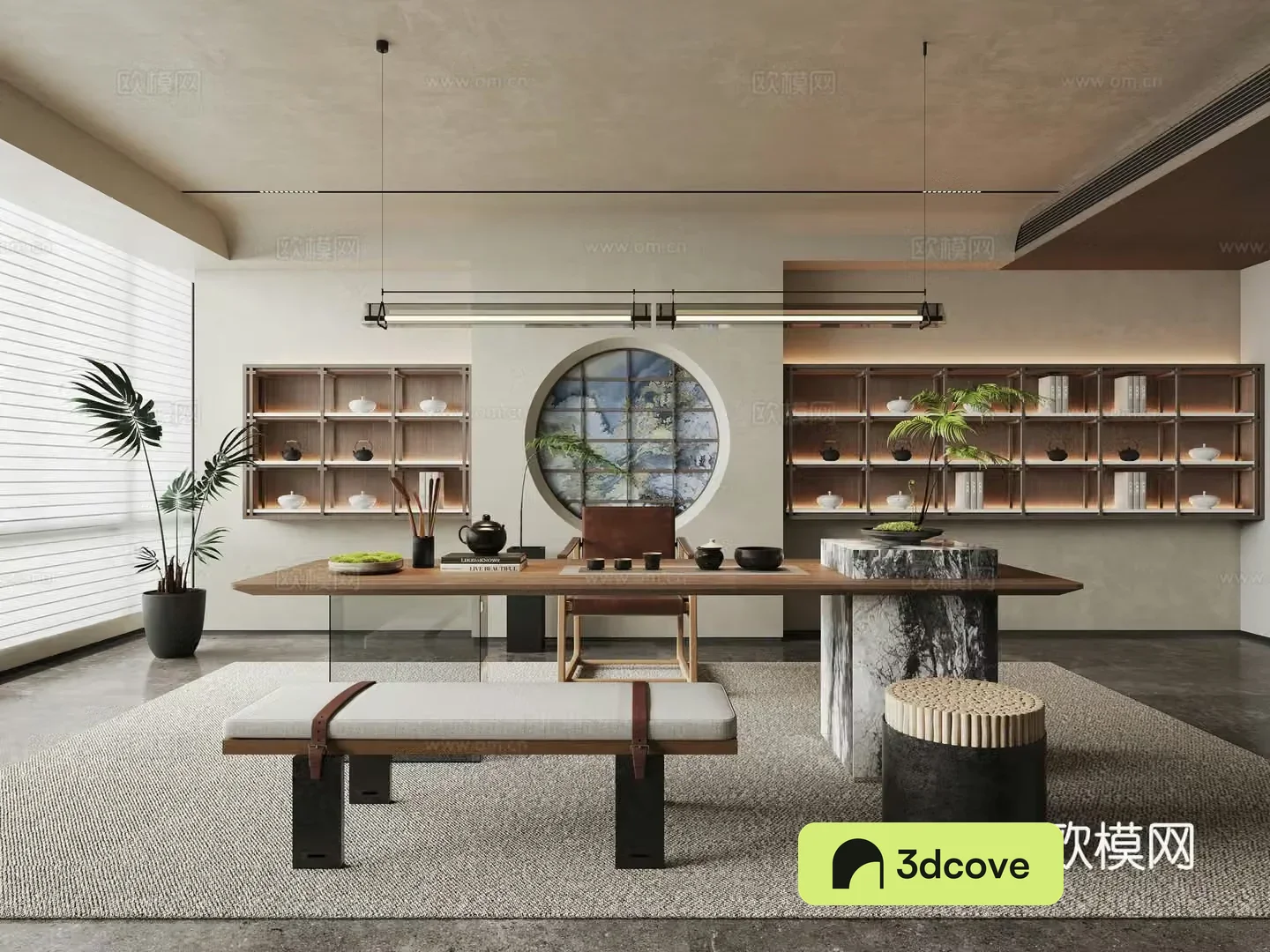 Modern tea room tea table and chair combination low stool hanging tea cabinet tea set teapot green plant