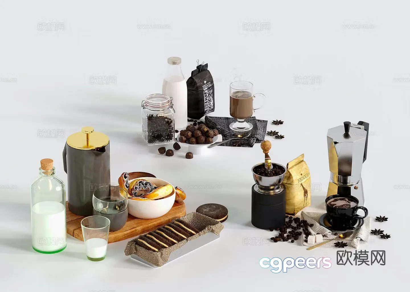 modern food coffee cookies milk coffee pot coffee supplies 3d model