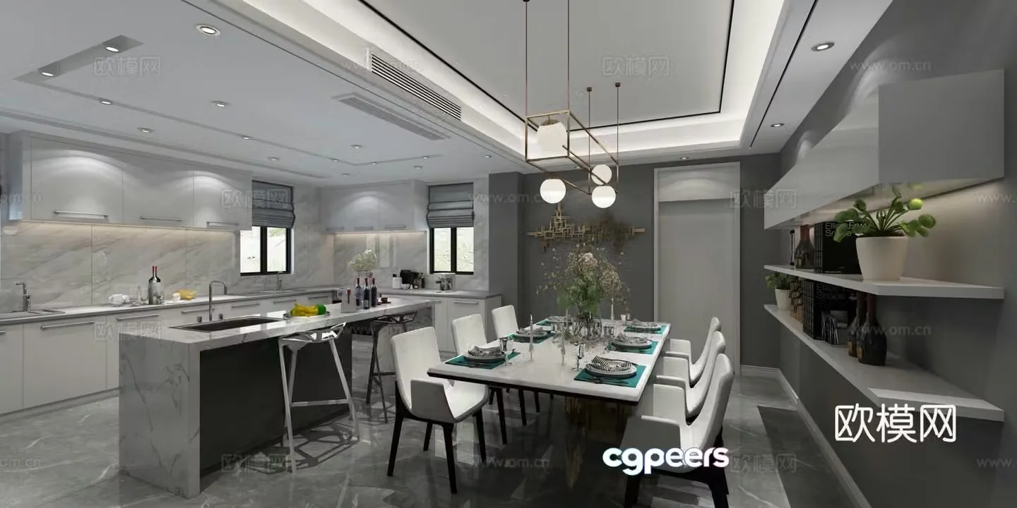Modern villa living and dining room panoramic model cabinet glass handrail staircase modern sofa background 3d model