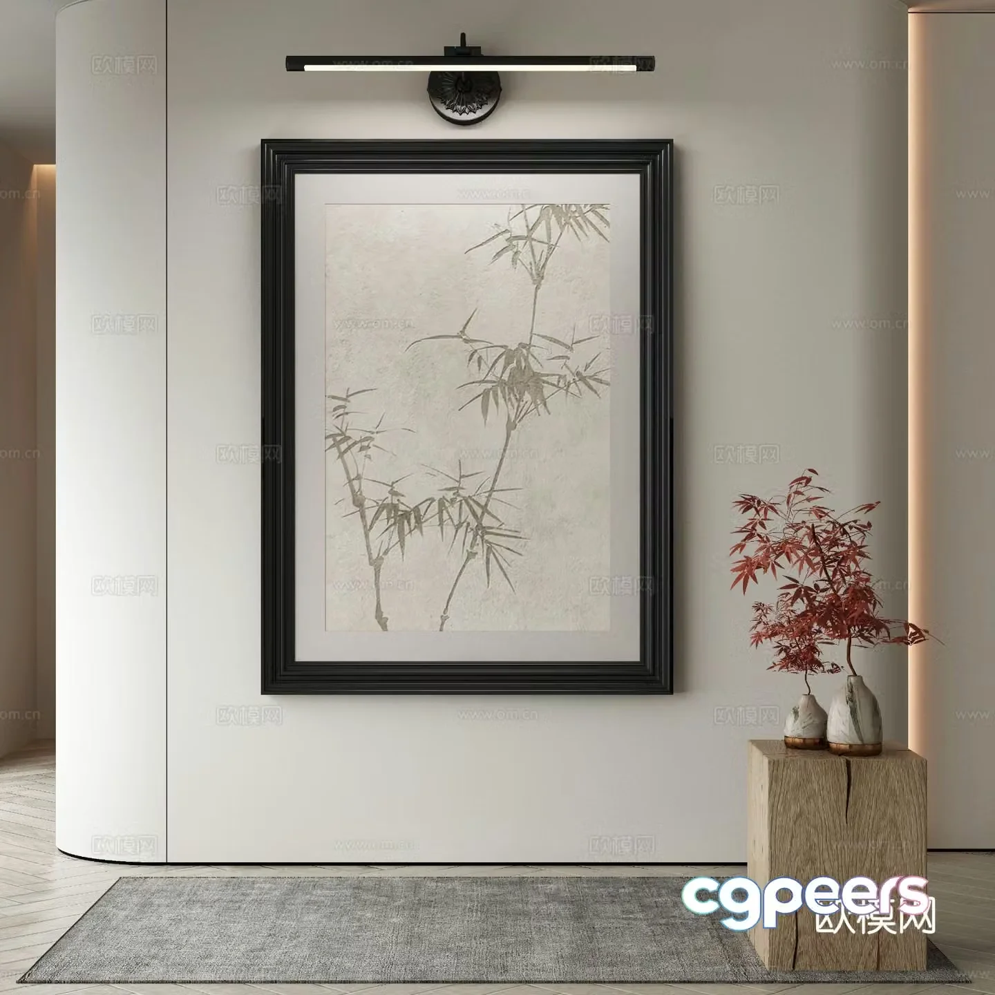 New Chinese style decorative painting bamboo hanging painting mirror headlight 3d model